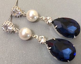 Navy Blue Earrings with White Crystal Pearl and Rhinestone post choice of color wedding jewelry bridal earrings mother of the bride gifts