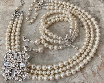 COMPLETE Jewelry Set Pearl Necklace with Long backdrop and Brooch Bracelet Earrings 3 strands Swarovski Pearls