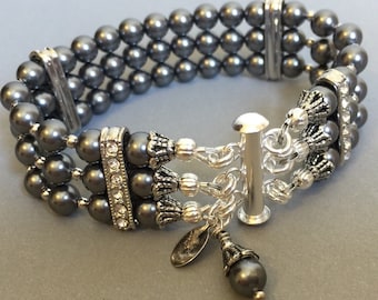 Dark Grey Pearl Bracelet 3 strands Charcoal Gray Crystal pearls perfect gift wedding jewelry for the Mother of the Bride custom made to size