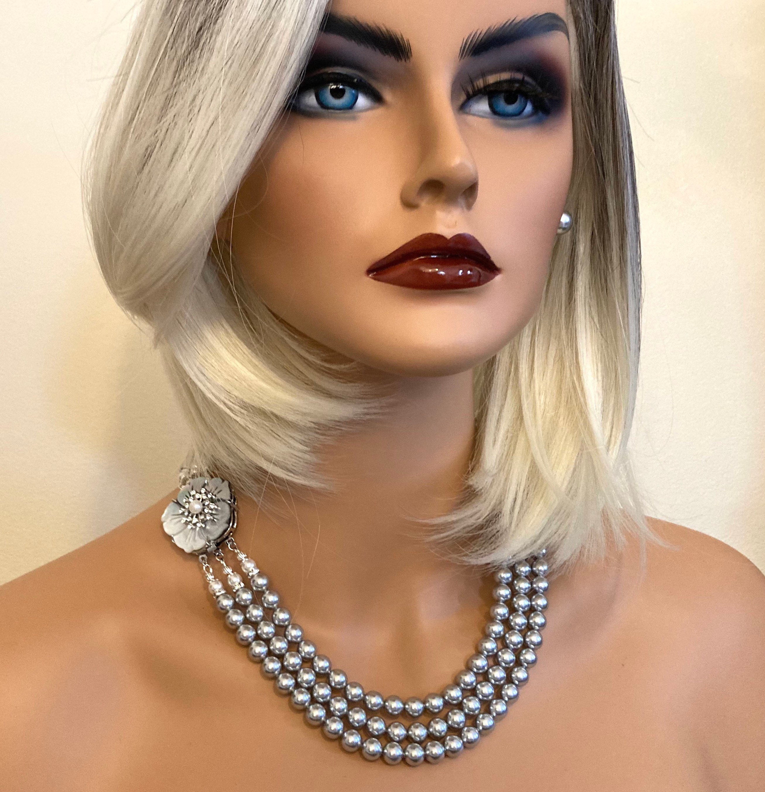 Pearl Necklace Set With Earrings 3 Strands Crystal Pearls Etsy