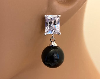 Black Pearl Earrings with Cubic Zirconia Emerald cut post in Silver or Gold Large 12mm crystal pearl dangle in Black
