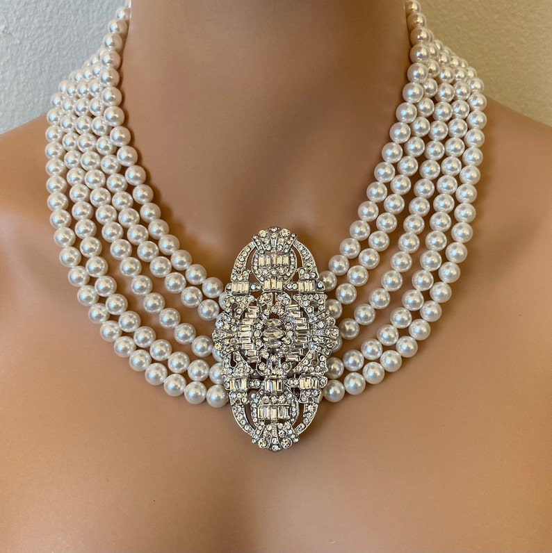 Pearl Statement Necklace with Brooch Art Deco 5 strands Crystal Pearls Great Gatsby necklaces Bridal Wedding jewelry Mother of the bride image 3