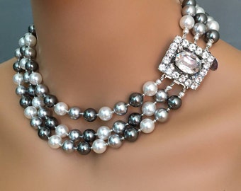 Collier de perles grises avec énorme fermoir en strass en argent Perles Swarovski gris clair gris foncé blanches Boucles d'oreilles incluses Mère de la mariée