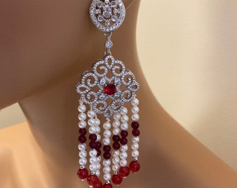 Long  Art Deco rhinestone wedding earrings Red and White pearl Wedding Earrings bling shoulder dusters perfect bridal formal party or Gift