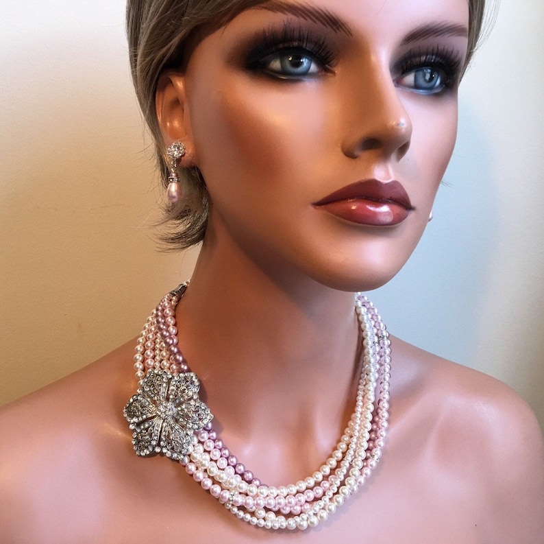 Blush Pink Bridal Necklace Set with Brooch Twisted 6 multi Etsy