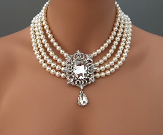 Elegant Women Pearl Beads Choker Statement Rhinestone Necklace Wedding Jewelry 