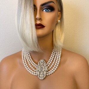 Pearl Statement Necklace with Brooch Art Deco 5 strands Crystal Pearls Great Gatsby necklaces Bridal Wedding jewelry Mother of the bride image 2