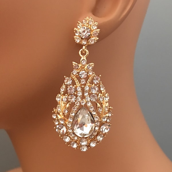 Long Gold Earrings Gold or silver and clear rhinestone formal wedding rhinestone earrings chandelier earrings mother of the bride