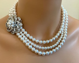 Pearl Wedding Necklace with Brooch 3 strands White Swarovski Pearls on Silver with Pearl Stud Earrings included bridal wedding jewelry gift
