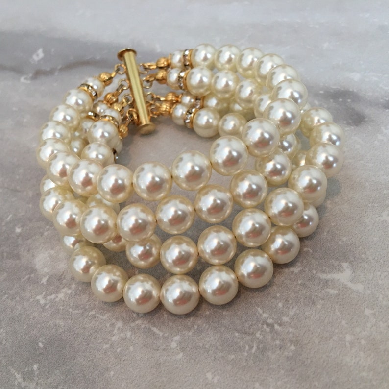 Pearl Bracelet in Gold and Ivory 4 multi strands Cream crystal pearls wedding bridal bracelet mother of the bride wedding bracelet bridal image 3