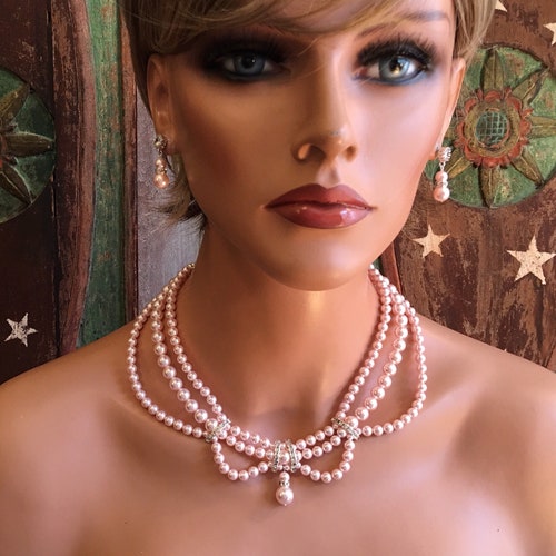 Blush Backdrop Necklace Set with Earrings Blush Rosaline Pink Crystal Pearls shops and silver rhinestone accents perfect bridal wedding jewelry