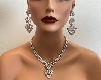 Rhinestone Necklace Earrings Set crystal CZ Rhinestones in silver tone formal bridal statement necklace or mother of the bride jewelry gifts