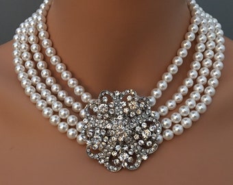 Statement Wedding Pearl Necklace Set, Rhinestone Brooch, Audrey Hepburn Style