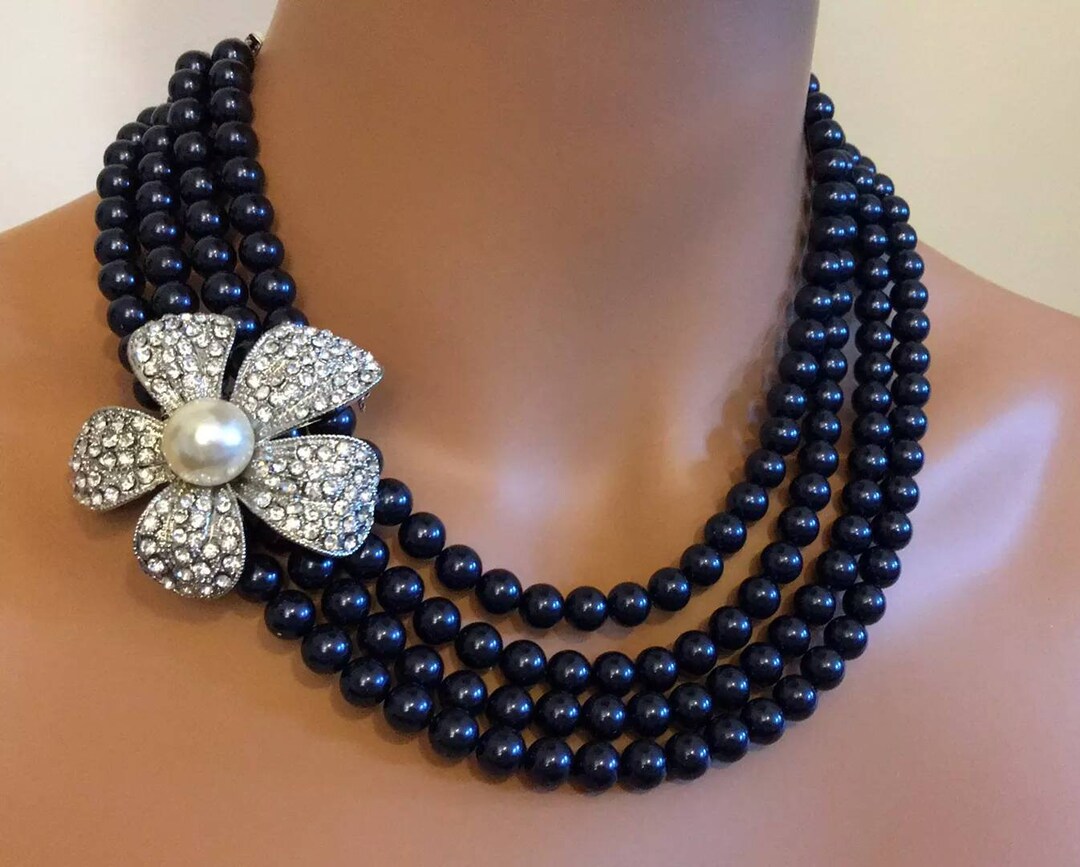 Navy Blue Pearl Necklace With Brooch and Earrings Set 4 Strands Navy ...