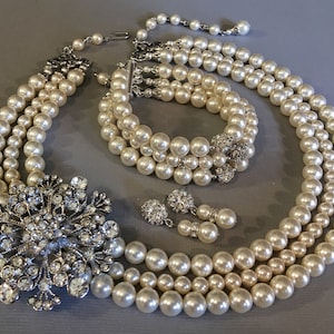 Complete Wedding Jewelry Set Pearl Necklace with Brooch, Bracelet and Earrings 3 multi strands of Crystal pearls bridal wedding jewelry sets by Alexi Blackwell Bridal