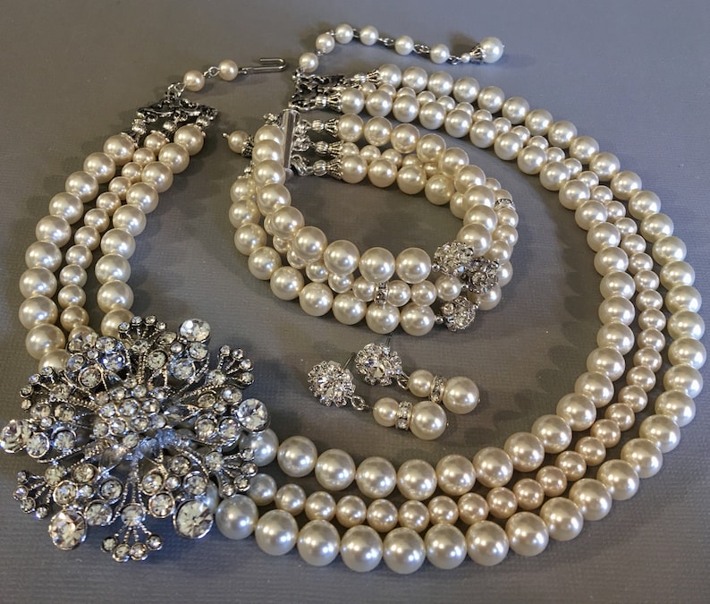 Complete Wedding Jewelry Set Pearl Necklace with Brooch, Bracelet and Earrings 3 multi strands of Crystal pearls bridal wedding jewelry sets by Alexi Blackwell Bridal