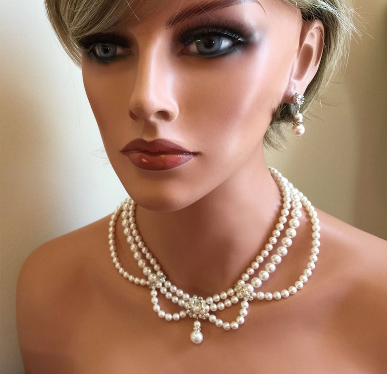 Edwardian Pearl Backdrop Necklace Earrings Set Vintage style 3 Etsy