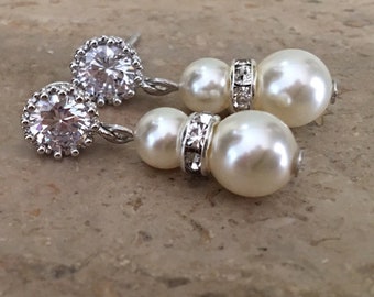 Pearl Earrings with a sparkling CZ Rhinestone post many colors available Silver or Gold Cream Ivory Blush White Bridesmaid Gift bridesmaid