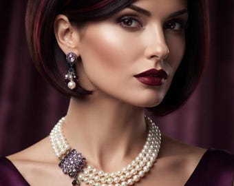 Plum Necklace Earring Set hand knotted ivory pearl Huge Amethyst Purple Burgundy Rhinestone Clasp Earrings included mother of the bride gift