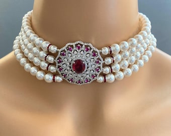Art Deco Pearl Choker Necklace Earrings Set Red Rhinestone focal silver vintage style wedding choker Earrings included ruby red rhinestones