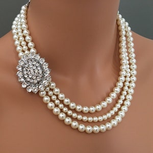 Pearl Backdrop Necklace Earrings Set With Brooch 3 Strands of Glass ...