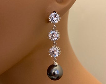 Long Grey Pearl Earrings in silver with CZ crystal rhinestones elegant rhinestone earrings wedding mother of the bride