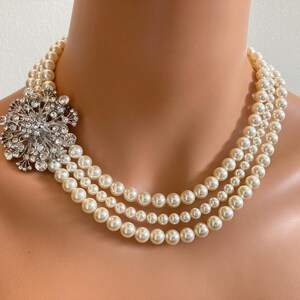 Complete Wedding Jewelry Set Pearl Necklace with Brooch Bracelet and Earrings 3 multi strands of Crystal pearls bridal jewelry sets image 7
