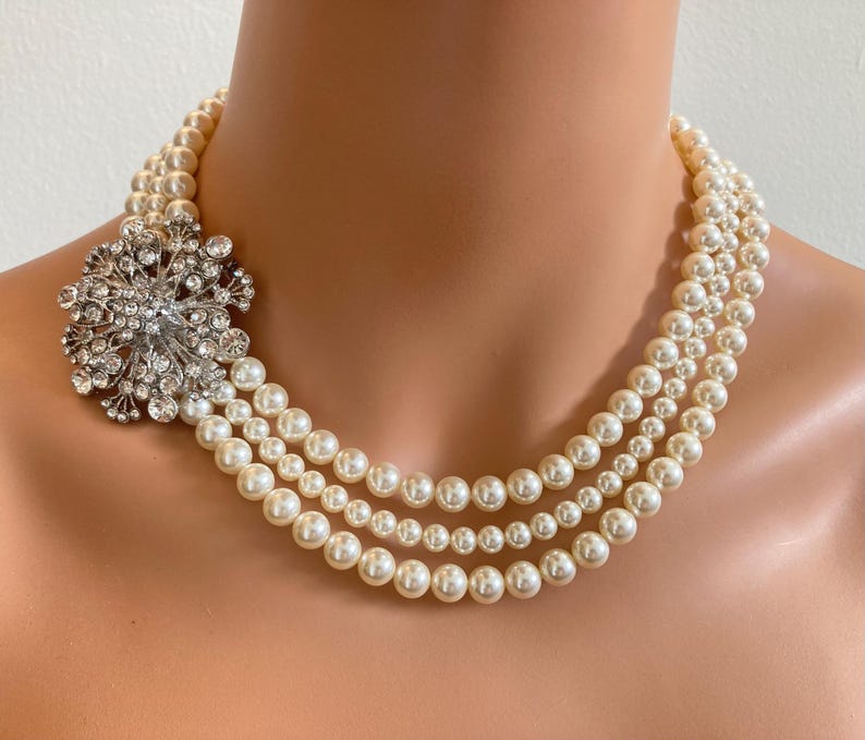 Complete Wedding Jewelry Set Pearl Necklace with Brooch Bracelet and Earrings 3 multi strands of Crystal pearls bridal jewelry sets image 7