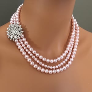 Blush Pearl Necklace Set with Earrings in Rosaline Pink Crystal pearls 3 strands and rhinestone brooch wedding bridal jewelry