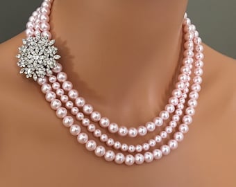 Blush Pearl Necklace Set with Earrings in Rosaline Pink Crystal pearls 3 strands and rhinestone brooch wedding bridal jewelry