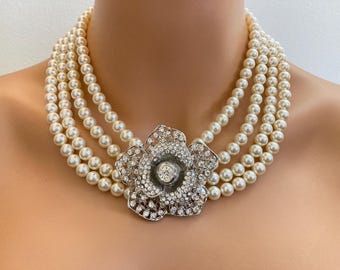 Pearl Statement  Necklace with Rhinestone Flower Brooch 4 multi strands crystal Pearls Wedding Necklace Bridal Jewelry mother of the bride