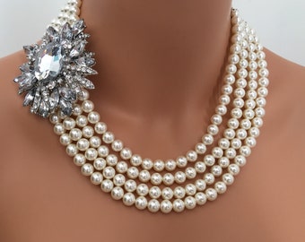 Collier de perles avec boucles d'oreilles broche, ensemble de 4 brins de perles de cristal crème ou blanches, broche en strass majeur, colliers de déclaration de mariage