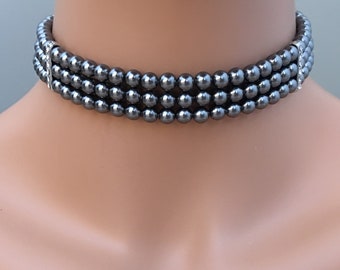 Gray Pearl Choker Necklace Earrings Set 3 strands Dark Grey Crystal pearls silver rhinestone accents wedding jewelry mother of the bride