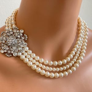 Pearl Necklace with Brooch Bracelet and Earrings wedding jewelry set 3 multi strands of Crystal pearls bridal jewelry sets