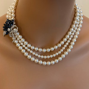 Pearl Necklace Earrings With Navy Blue Brooch 3 Strands Pearls Cream ...