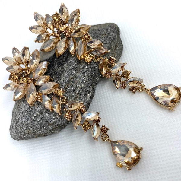 Lange Champagner Ohrringe Lange Strass Hochzeit Ohrringe in Gold mit Topas Citrin Champagner Navettes durchbohrt