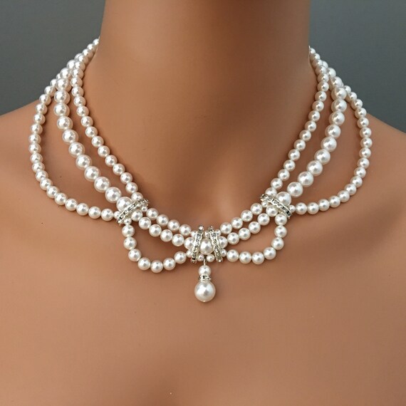 Pearl Necklace Bracelet Earrings 