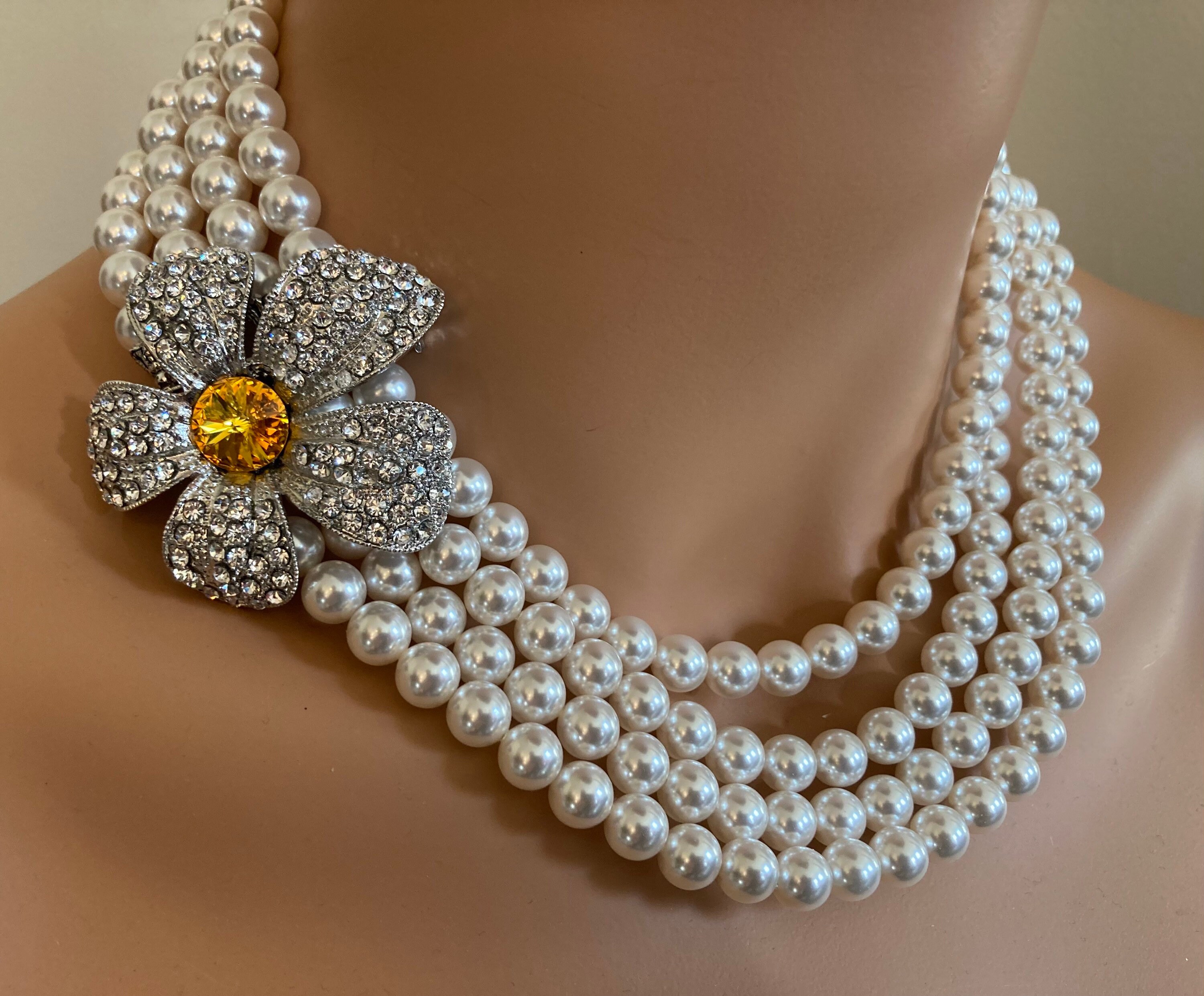 Pearl Necklace Yellow Rhinestone Brooch and Earrings 4 Strands