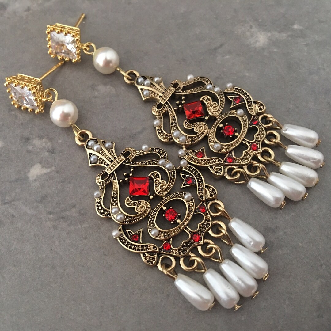 Long Red Earrings in Gold With White Pearl Dangles Perfect for - Etsy