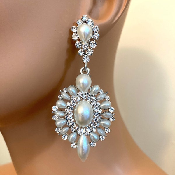 Long Pearl Earrings with rhinestone set in silver with white pearls perfect wedding earrings bridal earrings dangle drop chandelier earrings