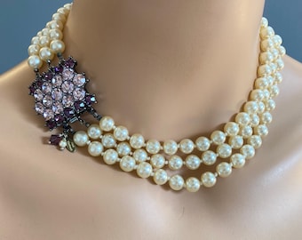 Pearl Necklace Earring Set Amethyst Purple Rhinestone Clasp hand knotted ivory pearls Statement wedding necklace Plum Lavender violet gifts