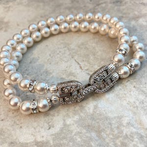 Art Deco  Pearl Bracelet 2 strands of crystal pearls Art Deco wedding bridal bracelet in White Swarovski pearls with rhinestone spacers