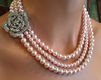 Blush Pearl Necklace with brooch and Earrings Set 3 layered strands Rosaline Pink Swarovski pearls Earrings included bridal wedding jewelry
