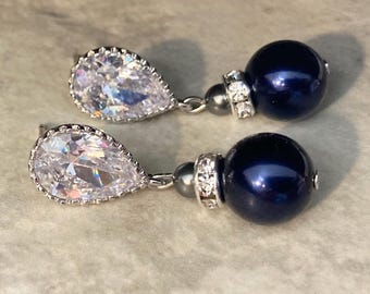 Navy Blue Pearl Earrings with Gray and CZ Rhinestone post in silver, Dark Blue and Dark Grey Pearls wedding jewelry mother of bride