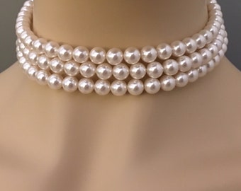 Pearl Choker Necklace Set with Pearl Stud Earrings 3 strands Swarovski Pearls 8mm size pearls Choice of color wedding jewelry gifts for her