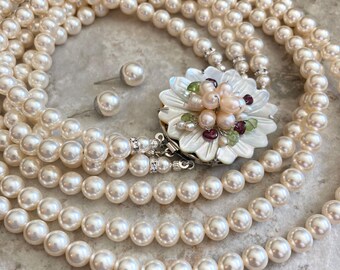 3-Strand Crystal Pearl Necklace Set with Flower Clasp & Stud Earrings