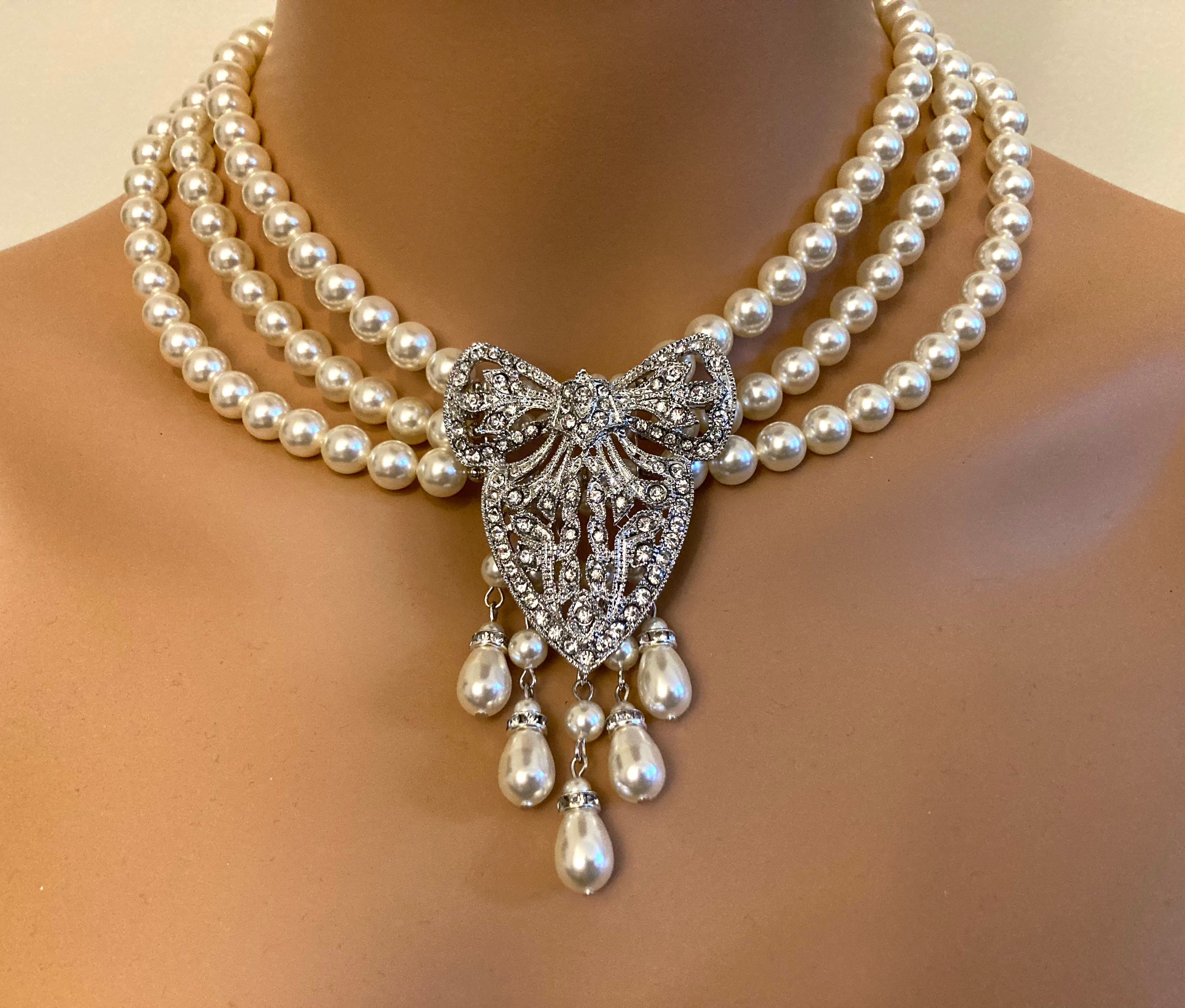 Edwardian Pearl Necklace With Art Deco Brooch in Clear Rhinestone and Silver 3 Strands Crystal Pearls Historic Jewelry Gatsby Wedding Bridal Etsy Canada