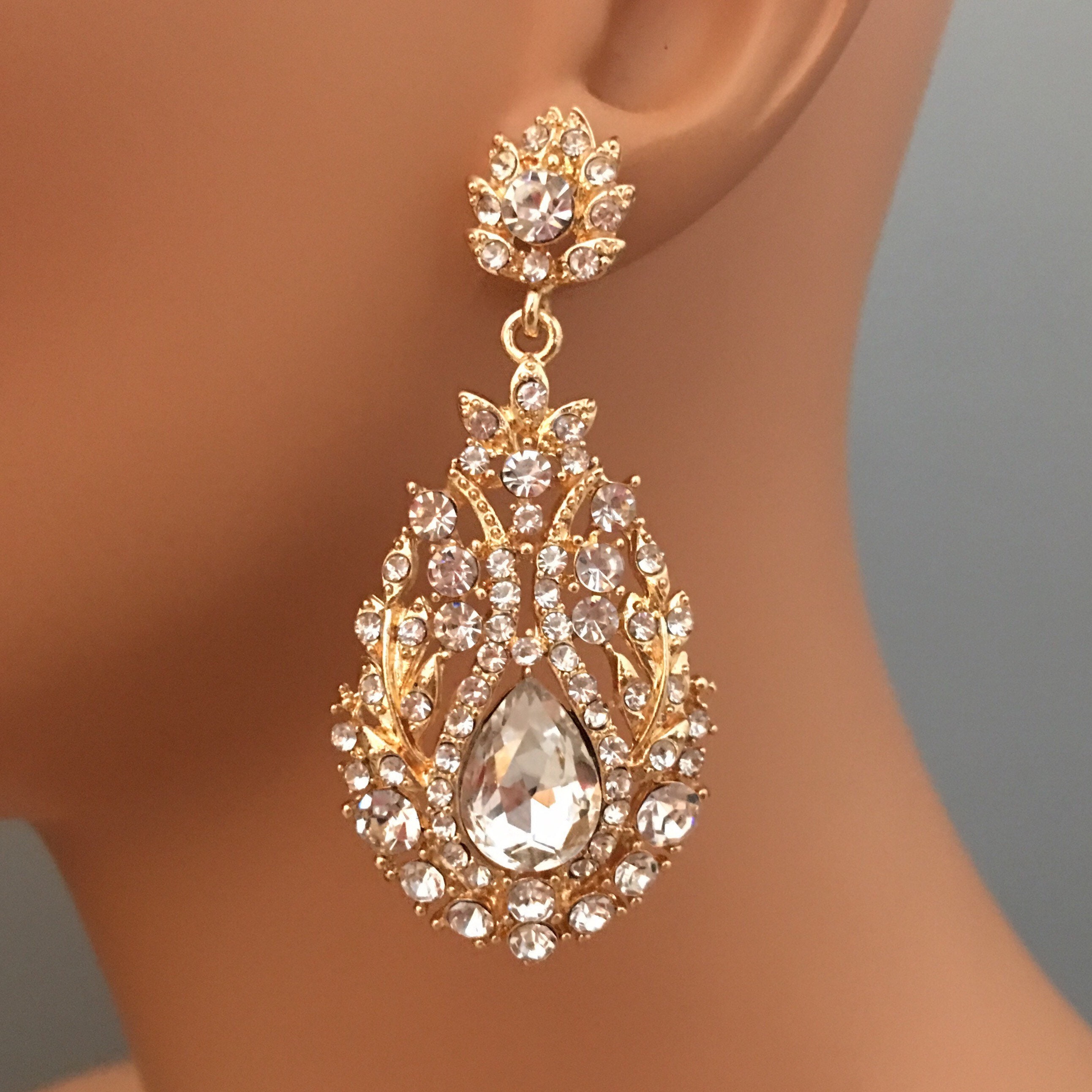 Long Gold Earrings Gold or silver and clear rhinestone formal Etsy