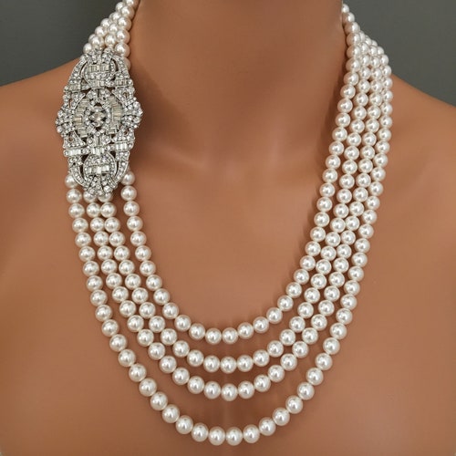 1920s Great Gatsby Flower Jewelry Rhinestone Pearl Necklace Bracelet Earring Set 