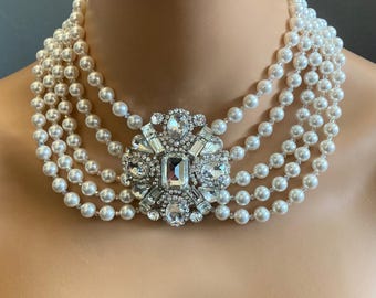 Pearl Statement Choker Necklace  pearl necklace with huge brooch 5 layered strands with adjustable backdrop extender Hollywood movie style
